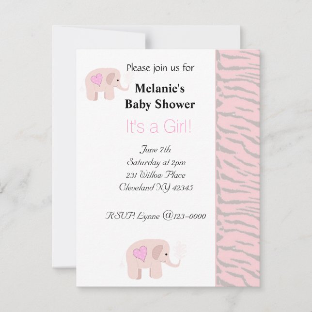 Invitación a Baby Shower para elefantes rosa suave (Anverso)