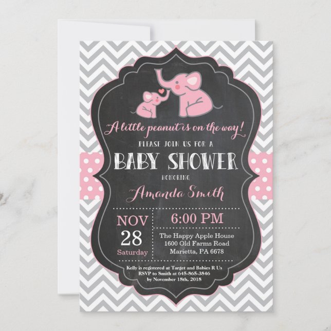 Invitación a Baby Shower para elefantes rosa y gri (Anverso)