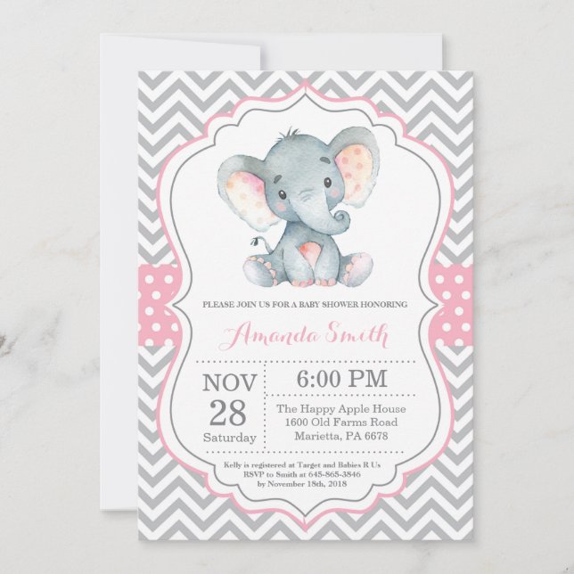 Invitación a Baby Shower para elefantes rosa y gri (Anverso)