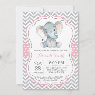 Invitación a Baby Shower para elefantes rosa y gri