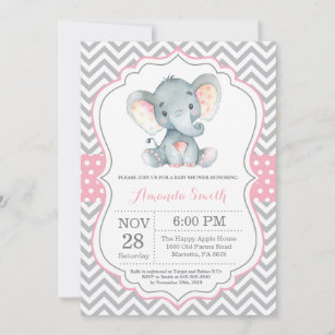 Invitación a Baby Shower para elefantes rosa y gri