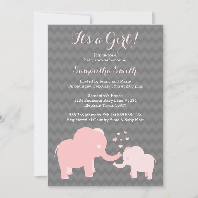 Invitación a Baby Shower para elefantes rosa y gri (Anverso)