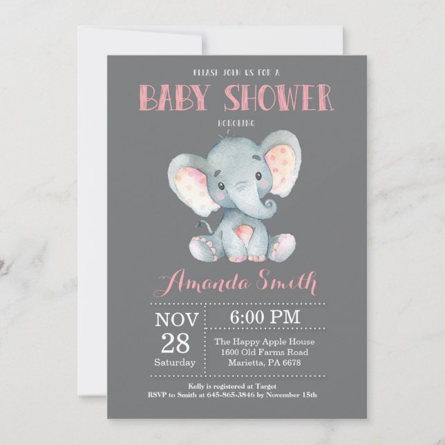 Invitación a Baby Shower para elefantes rosa y gri (Anverso)