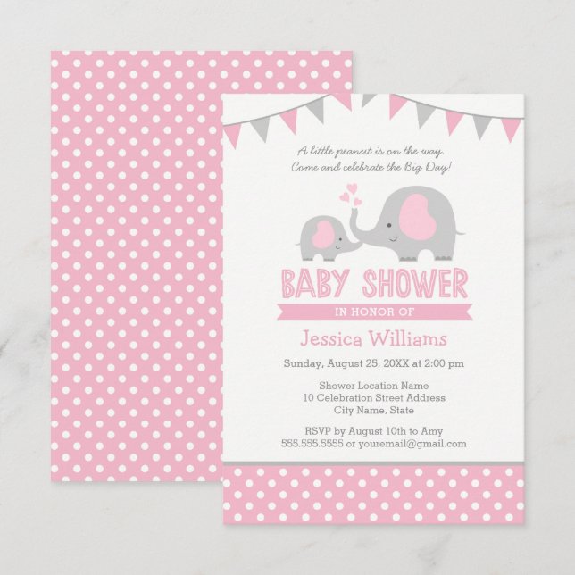 Invitación a Baby Shower para elefantes rosa y gri (Anverso / Reverso)