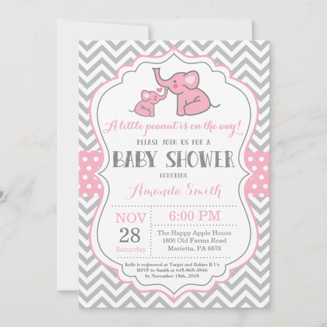 Invitación a Baby Shower para elefantes rosa y gri (Anverso)