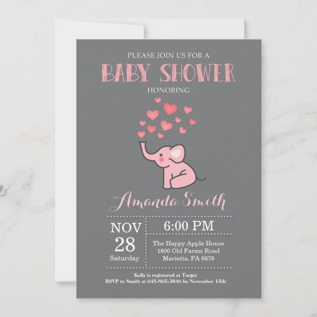 Invitación a Baby Shower para elefantes rosa y gri (Anverso)