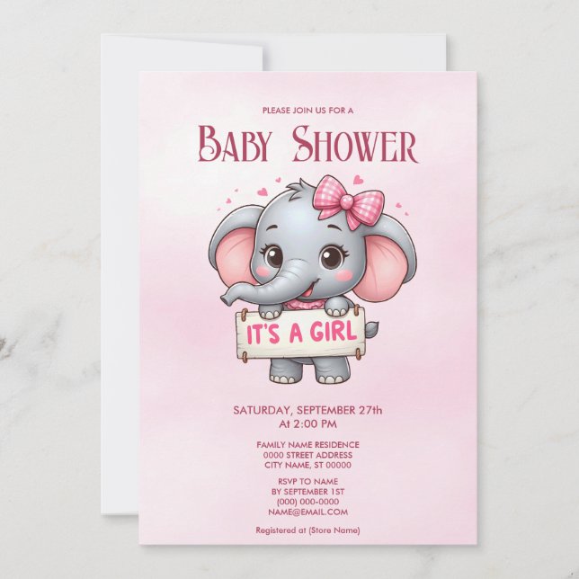 Invitación a Baby Shower para elefantes rosados (Anverso)