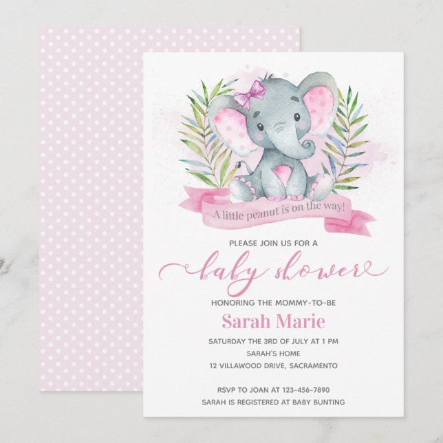 Invitación a Baby Shower para elefantes rosados (Anverso / Reverso)