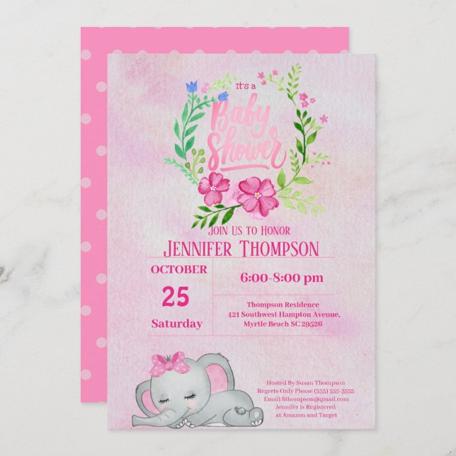 Invitación a Baby Shower para elefantes rosados ch (Anverso / Reverso)