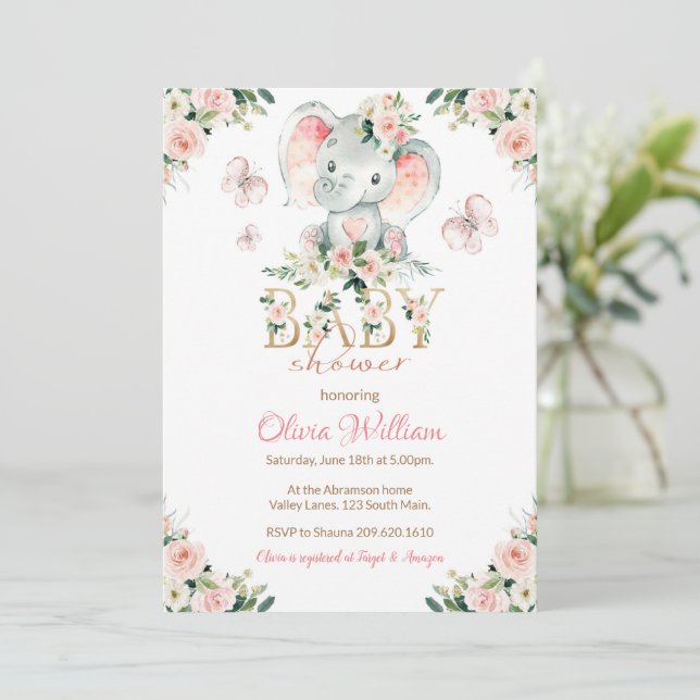 Invitación a Baby Shower para elefantes rosados y  (Anverso de pie)