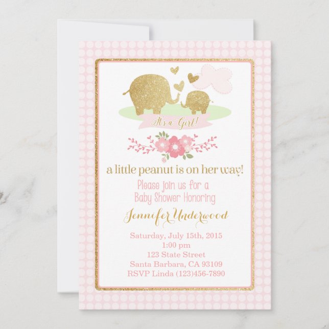 Invitación a Baby Shower para elefantes rosados y  (Anverso)