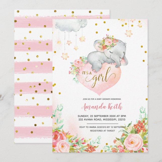 Invitación a Baby Shower para elefantes rosados y  (Anverso / Reverso)