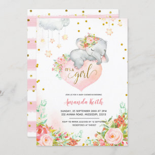 Invitación a Baby Shower para elefantes rosados y 