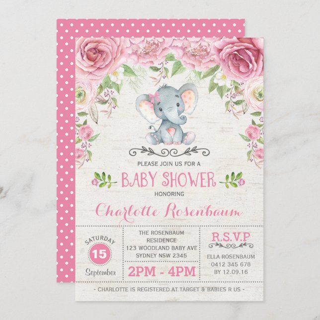 Invitación a Baby Shower para elefantes Rosas flor (Anverso / Reverso)