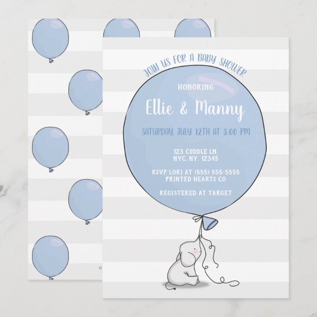 Invitación a Baby Shower para elefantes y globos | (Anverso / Reverso)