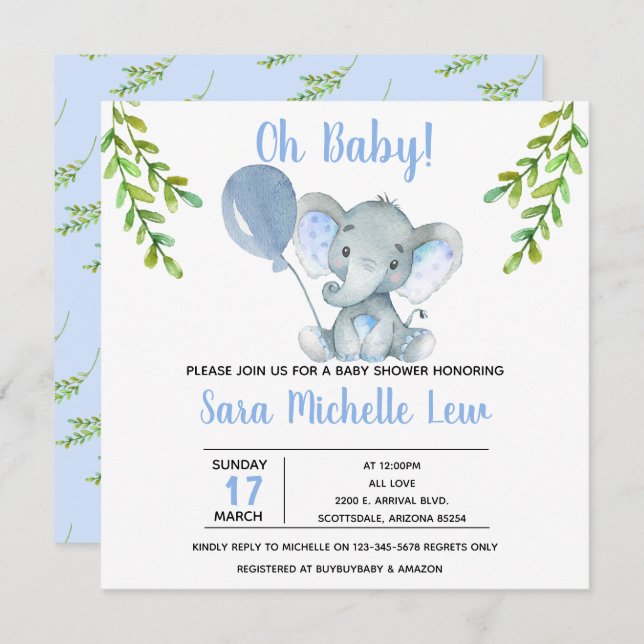 Invitación a Baby Shower para Elephant Watercolor  (Anverso / Reverso)