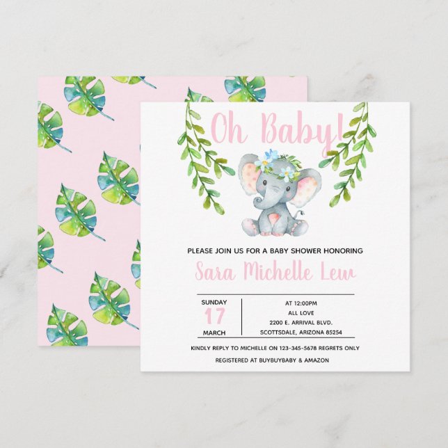 Invitación a Baby Shower para Elephant Watercolor  (Anverso / Reverso)