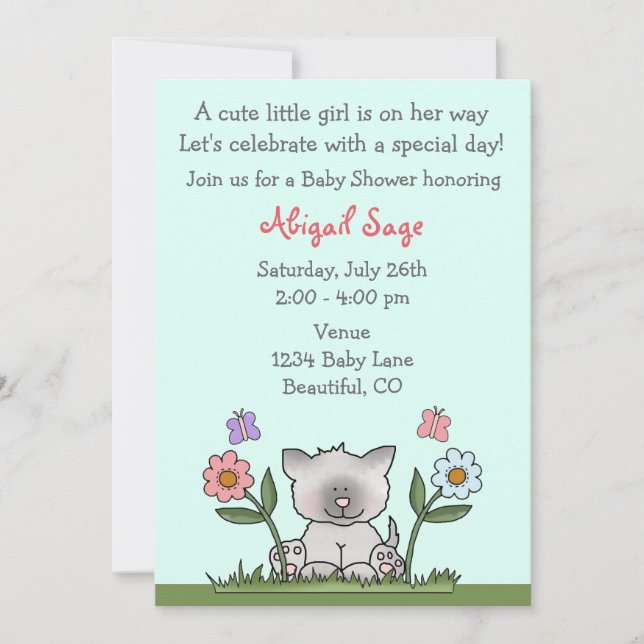 Invitación a Baby Shower para gatitos, flores y ma (Anverso)