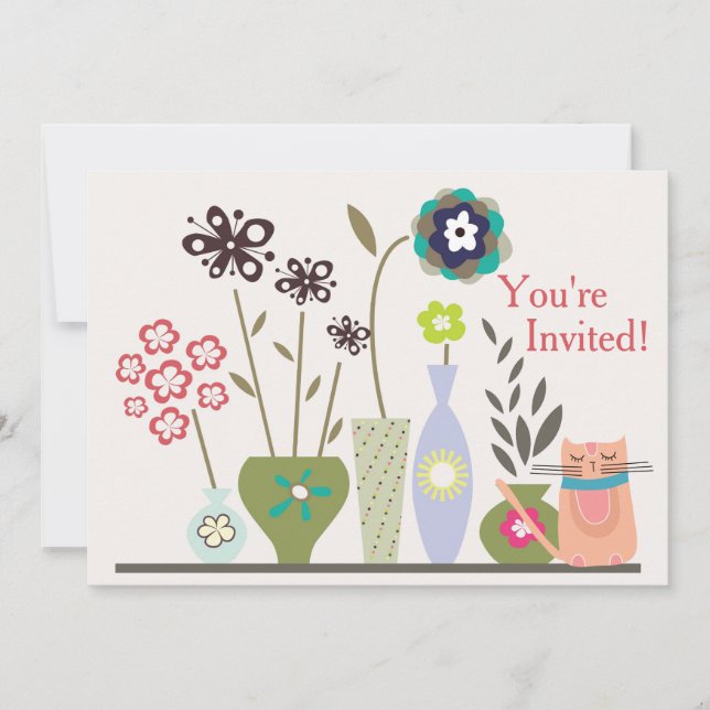 Invitación a Baby Shower para gatos y flores posti (Anverso)