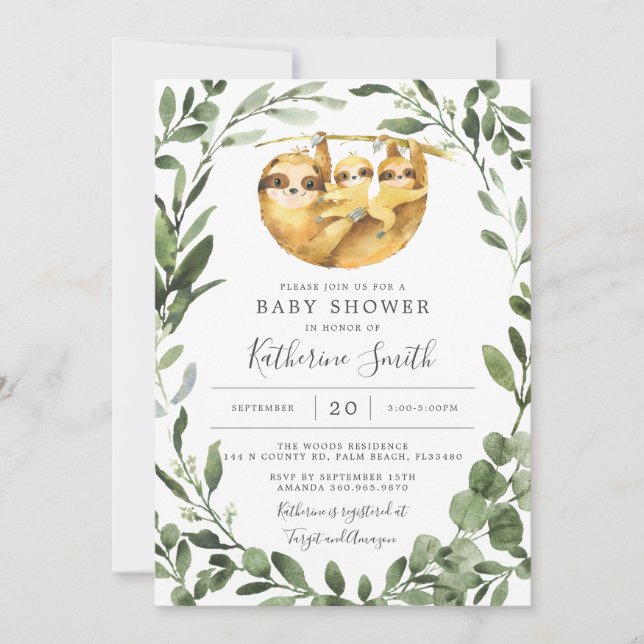 Invitación a Baby Shower para gemelos Sloth (Anverso)