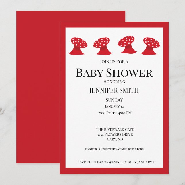 Invitación a Baby Shower para hongos rojos (Anverso / Reverso)