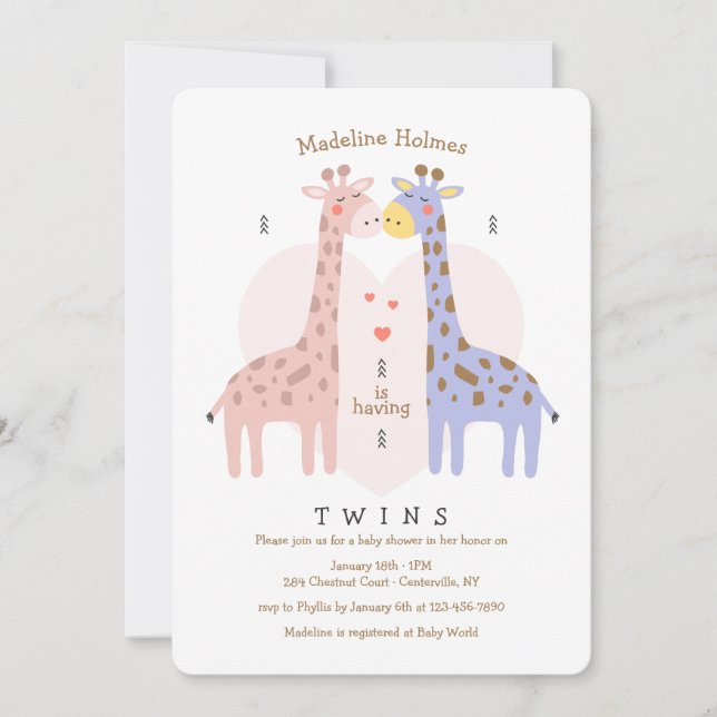 Invitación a Baby Shower para jirafas gemelas (Anverso)
