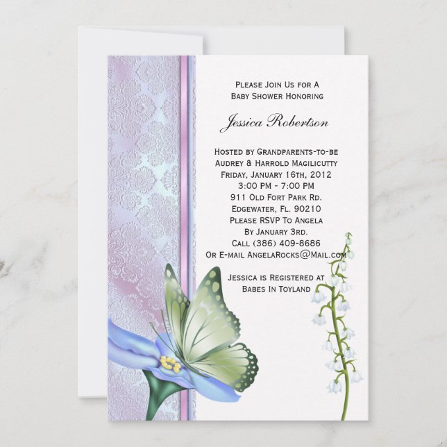 Invitación a Baby Shower para mariposas (Anverso)