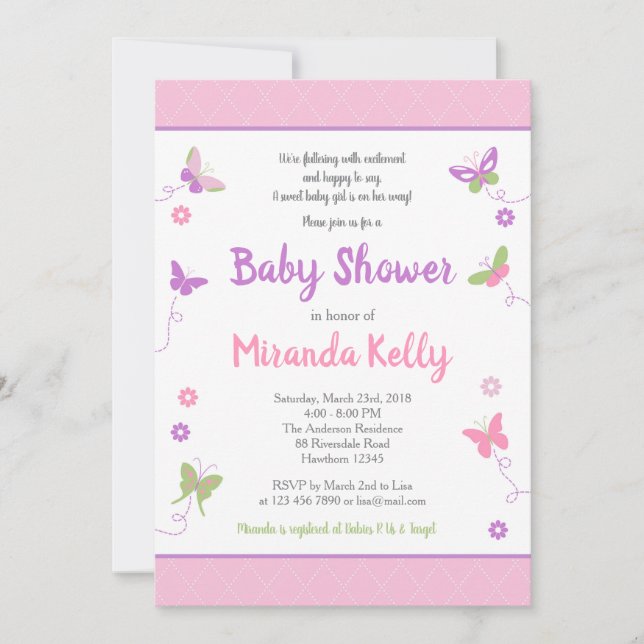 Invitación a Baby Shower para mariposas (Anverso)