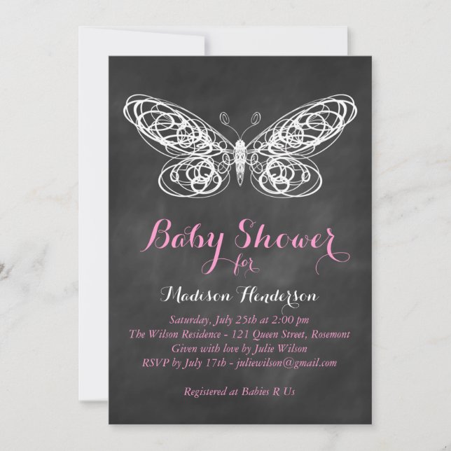 Invitación a Baby Shower para mariposas de cartón  (Anverso)