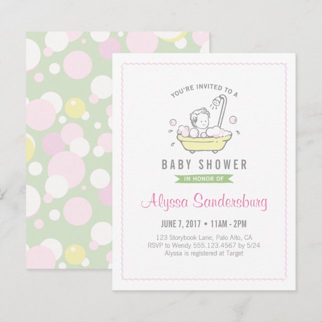 Invitación a baby shower para niña con baño de bur (Anverso / Reverso)