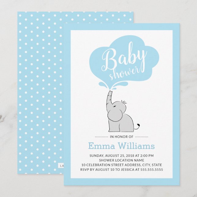 Invitación a Baby Shower para niño con elefante az (Anverso / Reverso)