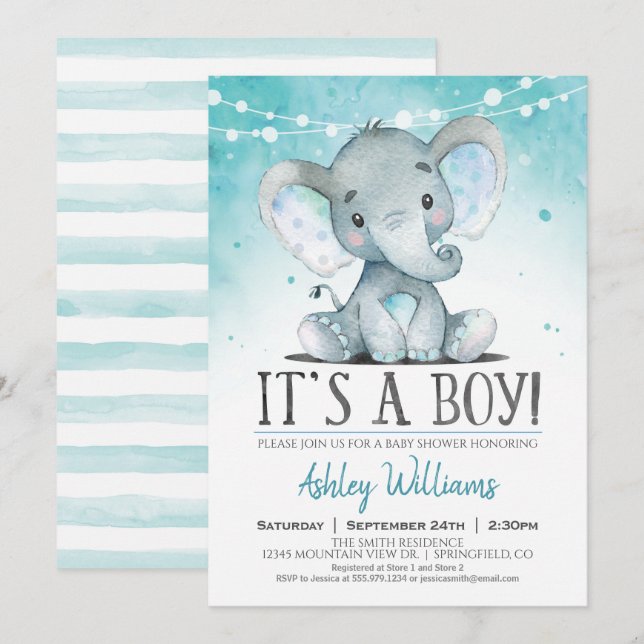 Invitación a Baby Shower para niños elefantes (Anverso / Reverso)