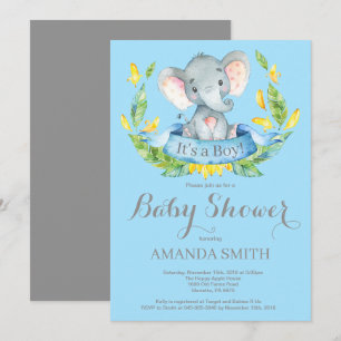 Invitación a Baby Shower para niños elefantes azul