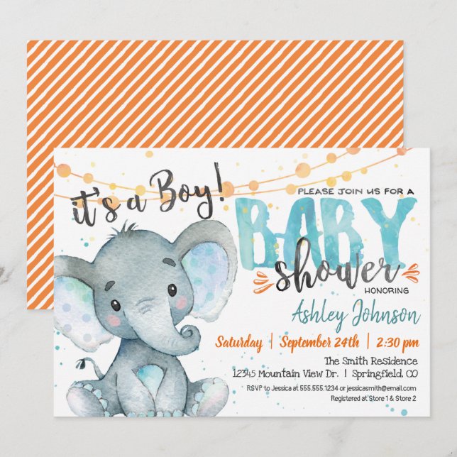 Invitación a Baby Shower para niños elefantes Azul (Anverso / Reverso)