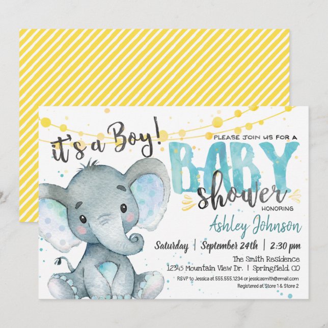 Invitación a Baby Shower para niños elefantes azul (Anverso / Reverso)