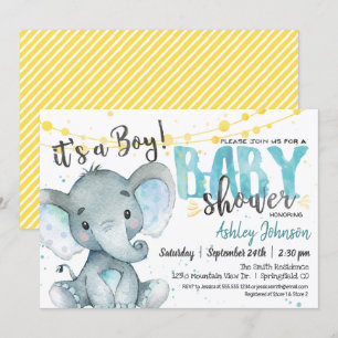Invitación a Baby Shower para niños elefantes azul