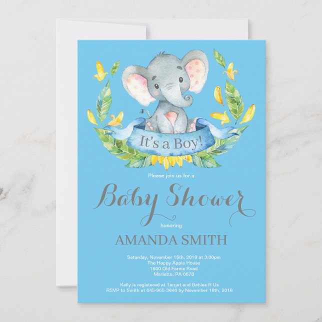 Invitación a Baby Shower para niños elefantes azul (Anverso)