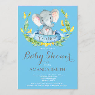 Invitación a Baby Shower para niños elefantes azul