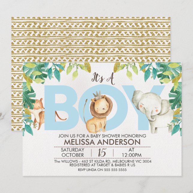 Invitación a Baby Shower para niños en la selva Sa (Anverso / Reverso)