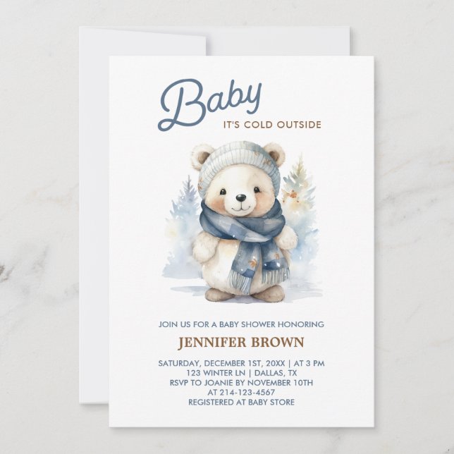 Invitación a Baby Shower para oso de invierno (Anverso)