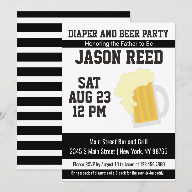 Invitación a Baby Shower para pañales y cerveza (Anverso / Reverso)