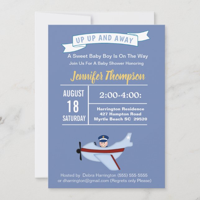 Invitación a Baby Shower para piloto y avión (Anverso)