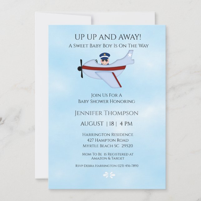 Invitación a Baby Shower para piloto y avión (Anverso)
