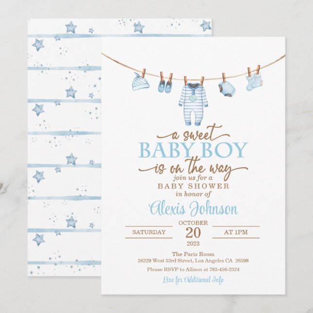 Invitación a Baby Shower para ropa de bebé - Azul (Anverso / Reverso)