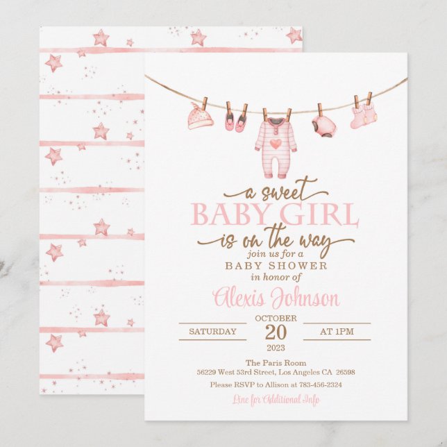 Invitación a Baby Shower para ropa de bebé - rosa (Anverso / Reverso)