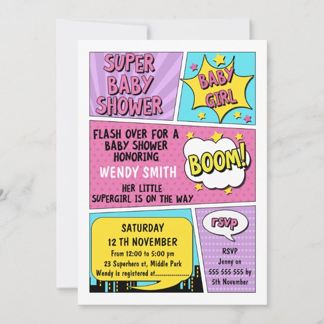 Invitación a Baby Shower para superhéroes chicas (Anverso)