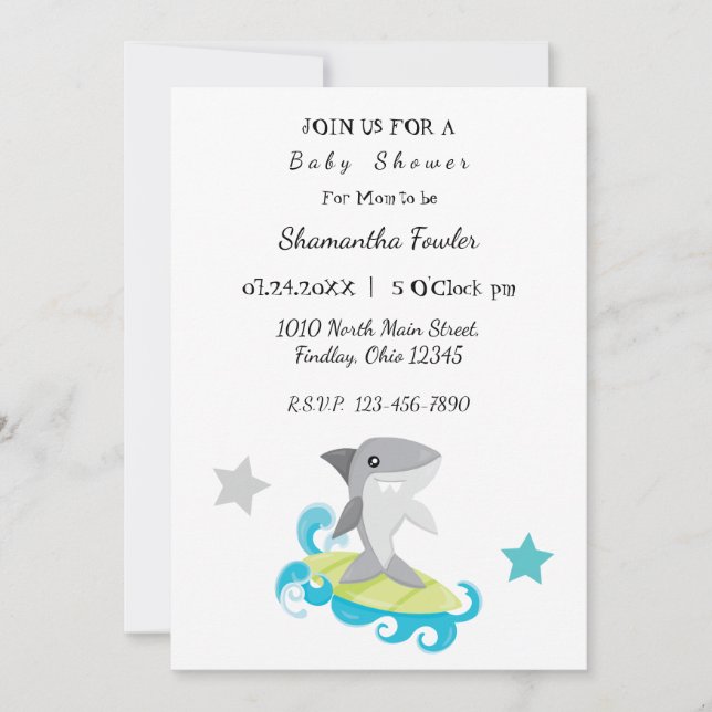 Invitación a Baby Shower para tiburones (Anverso)