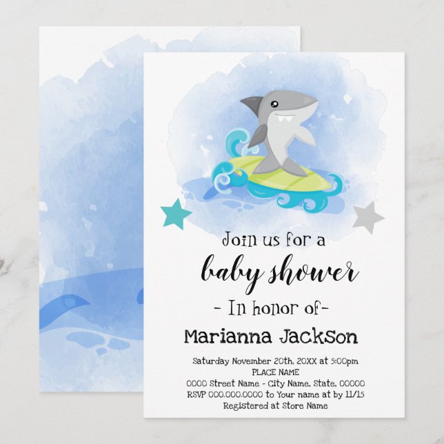 Invitación a Baby Shower para tiburones (Anverso / Reverso)