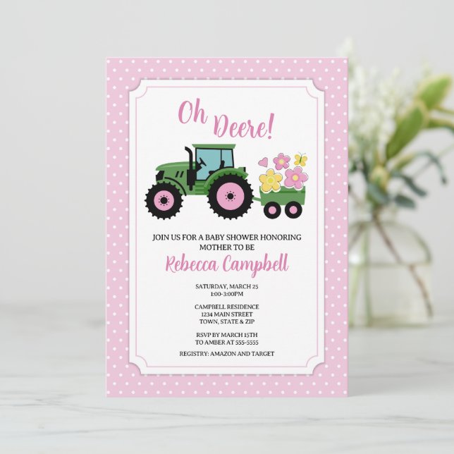 Invitación a Baby Shower para tractores, Chica de  (Anverso de pie)