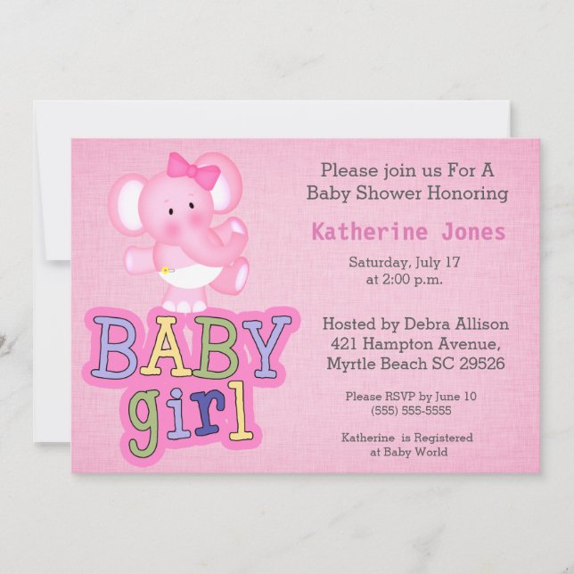 Invitación a Baby Shower para un bebé elefante lin (Anverso)